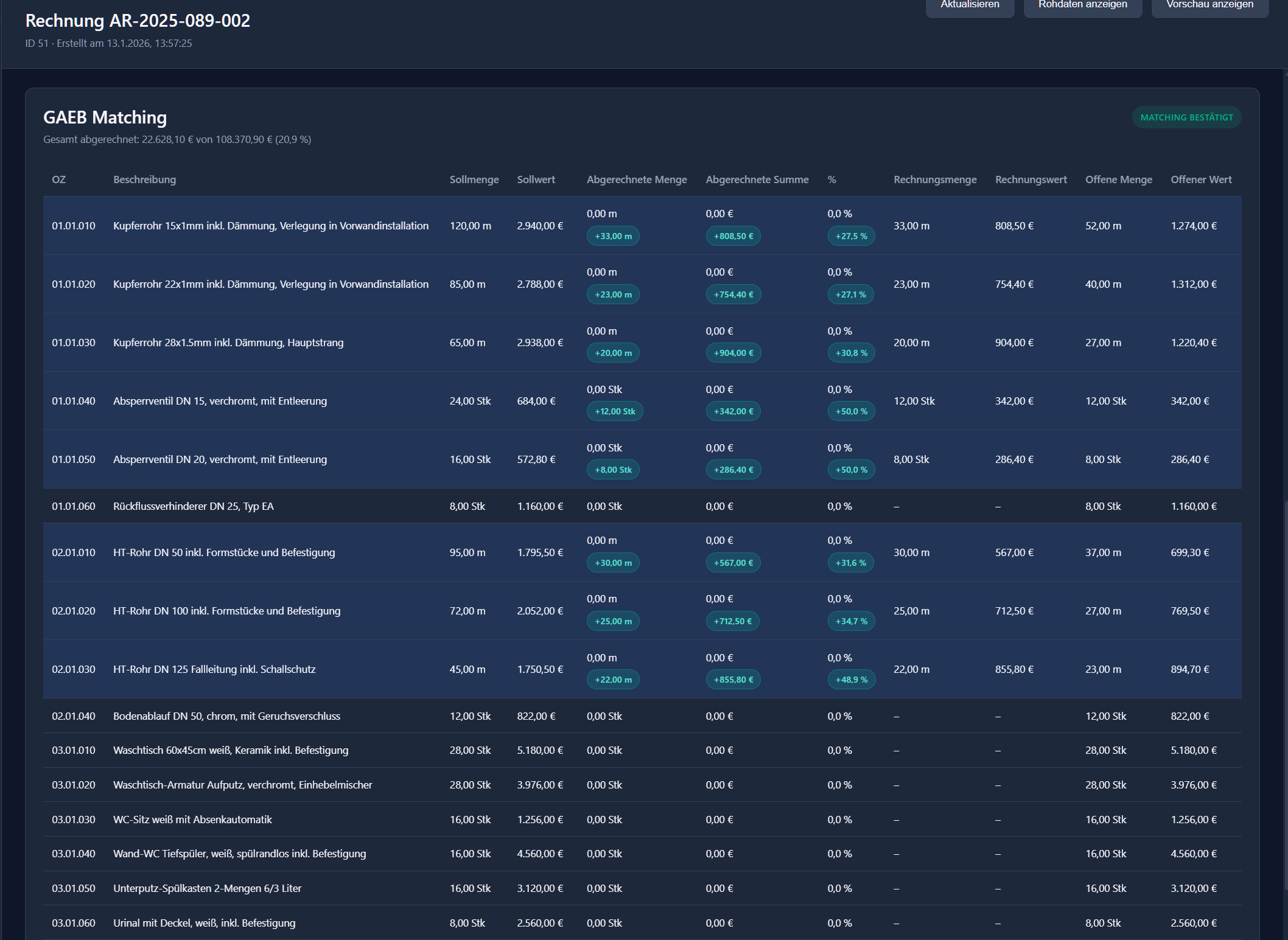 GAEB Matching Detailansicht mit Soll/Ist Vergleich